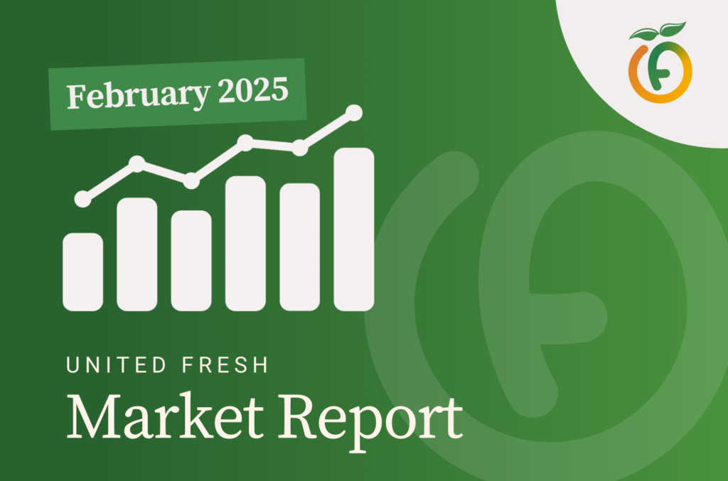 Febraury 2025 United Fresh Market Report, Green Background, United Fresh Logo and Stock Market Graphic