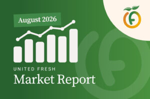 Green cover for United Fresh Market Report with a white bar chart and line graph, August 2026 label, and 'Market Report' title; peach logo in the top-right.