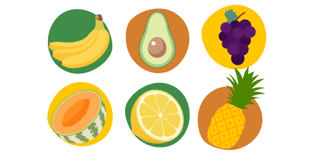 Six circular fruit illustrations: banana bunch, avocado half, grapes, cantaloupe, lemon half, and pineapple on colorful backgrounds.